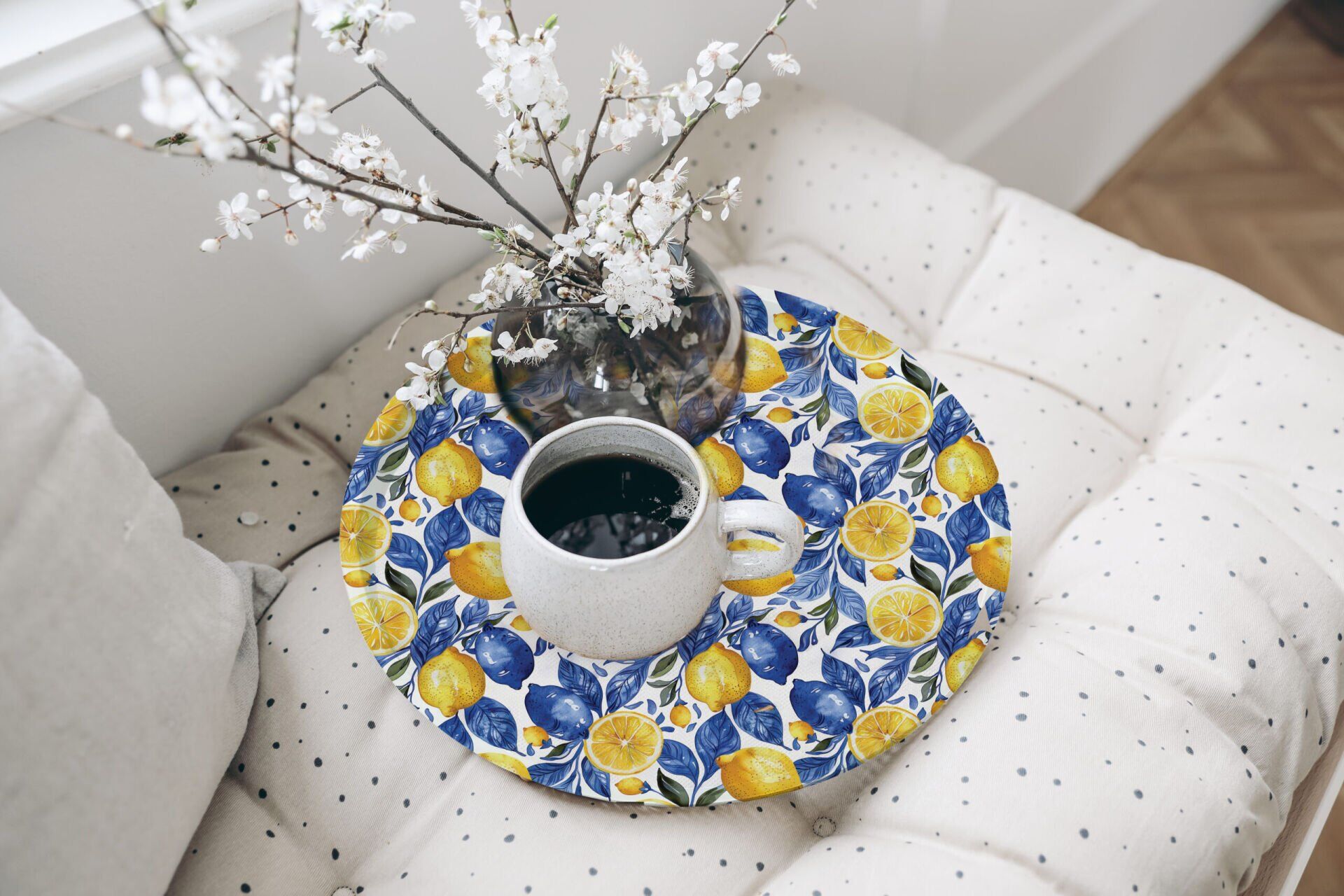YUVARLAK KAYDIRMAZ TEPSİ 31 CM Limon Çiçekli