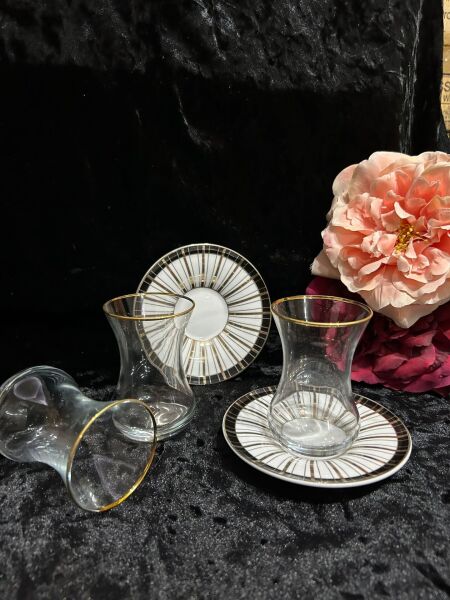 VIDREX 12 PARÇA ÇAY SETİ PORSELEN DMT303+ANT-10 ALTIN YALDIZLI  ÇİZGİLİ