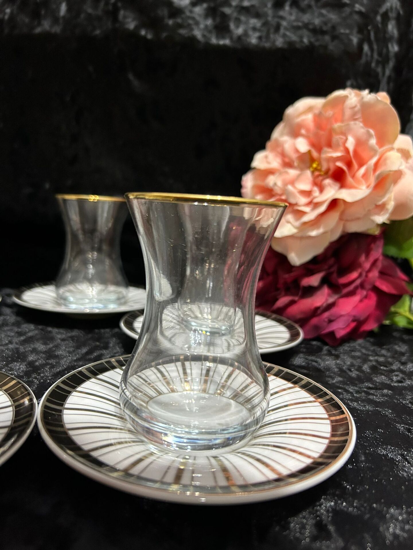 VIDREX 12 PARÇA ÇAY SETİ PORSELEN DMT303+ANT-10 ALTIN YALDIZLI  ÇİZGİLİ