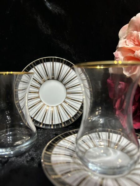 VIDREX 12 PARÇA ÇAY SETİ PORSELEN DMT303+ANT-10 ALTIN YALDIZLI  ÇİZGİLİ