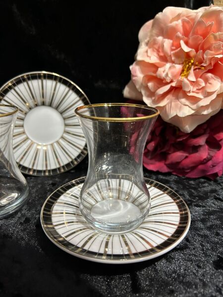 VIDREX 12 PARÇA ÇAY SETİ PORSELEN DMT303+ANT-10 ALTIN YALDIZLI  ÇİZGİLİ