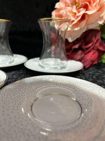 VIDREX 12 PARÇA ÇAY SETİ PORSELEN DMT303+ANT-10 ALTIN YALDIZLI BENEKLİ