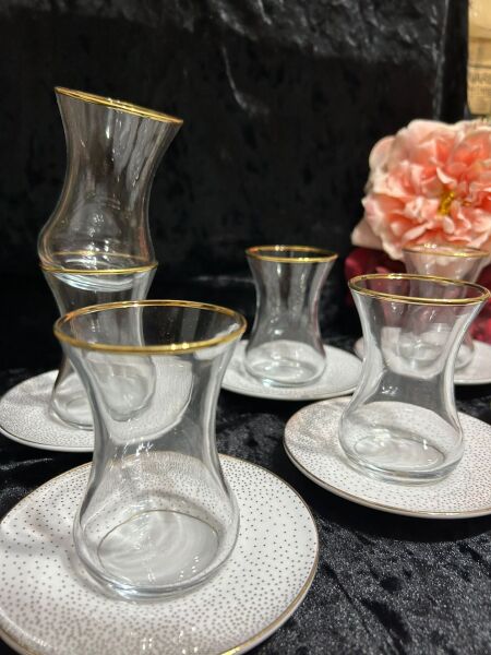 VIDREX 12 PARÇA ÇAY SETİ PORSELEN DMT303+ANT-10 ALTIN YALDIZLI BENEKLİ