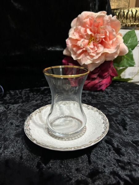 VIDREX 12 PARÇA ÇAY SETİ PORSELEN DMT303+ANT-10 ALTIN YALDIZLI DESENLİ