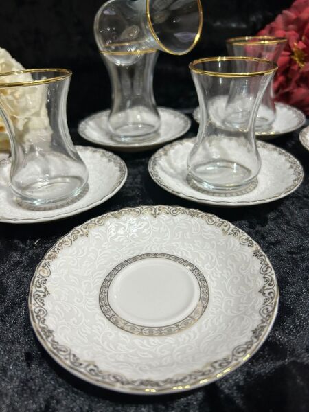 VIDREX 12 PARÇA ÇAY SETİ PORSELEN DMT303+ANT-10 ALTIN YALDIZLI DESENLİ