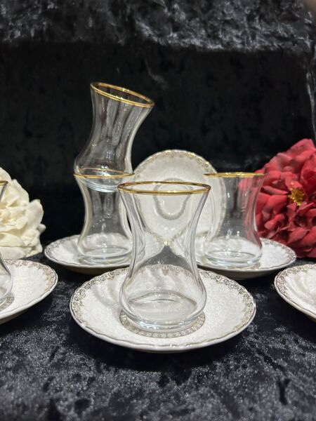 VIDREX 12 PARÇA ÇAY SETİ PORSELEN DMT303+ANT-10 ALTIN YALDIZLI DESENLİ