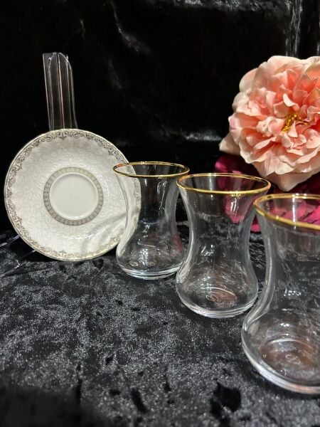 VIDREX 12 PARÇA ÇAY SETİ PORSELEN DMT303+ANT-10 ALTIN YALDIZLI DESENLİ