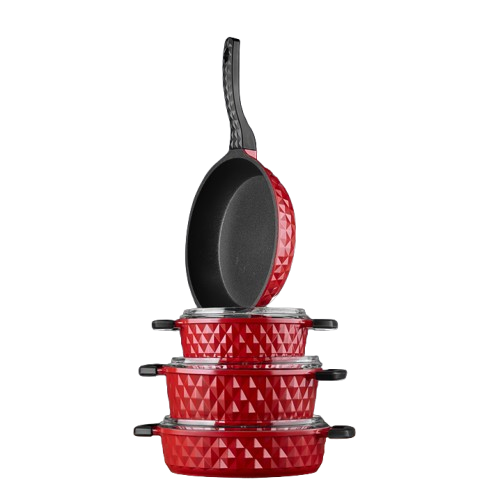 Taç Carabella Döküm Cam Kapak 7 Parça Tencere Seti Kırmızı