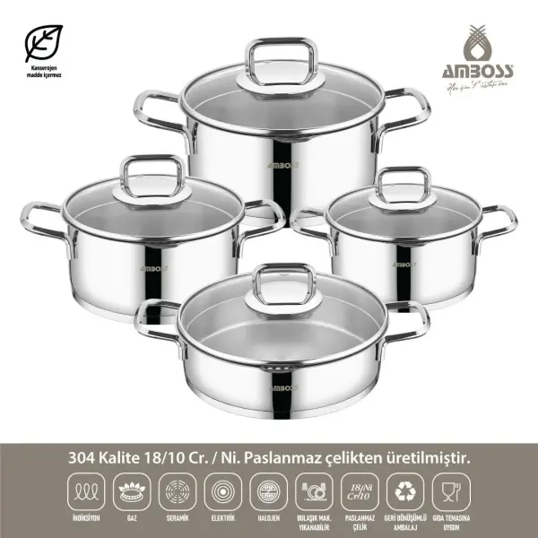 AMBOSS DIAMOND PASLANMAZ SÜZGEÇLİ ÇELİK  KULPLU  TENCERE SETİ 8 PARÇA CAM  KAPAKLI