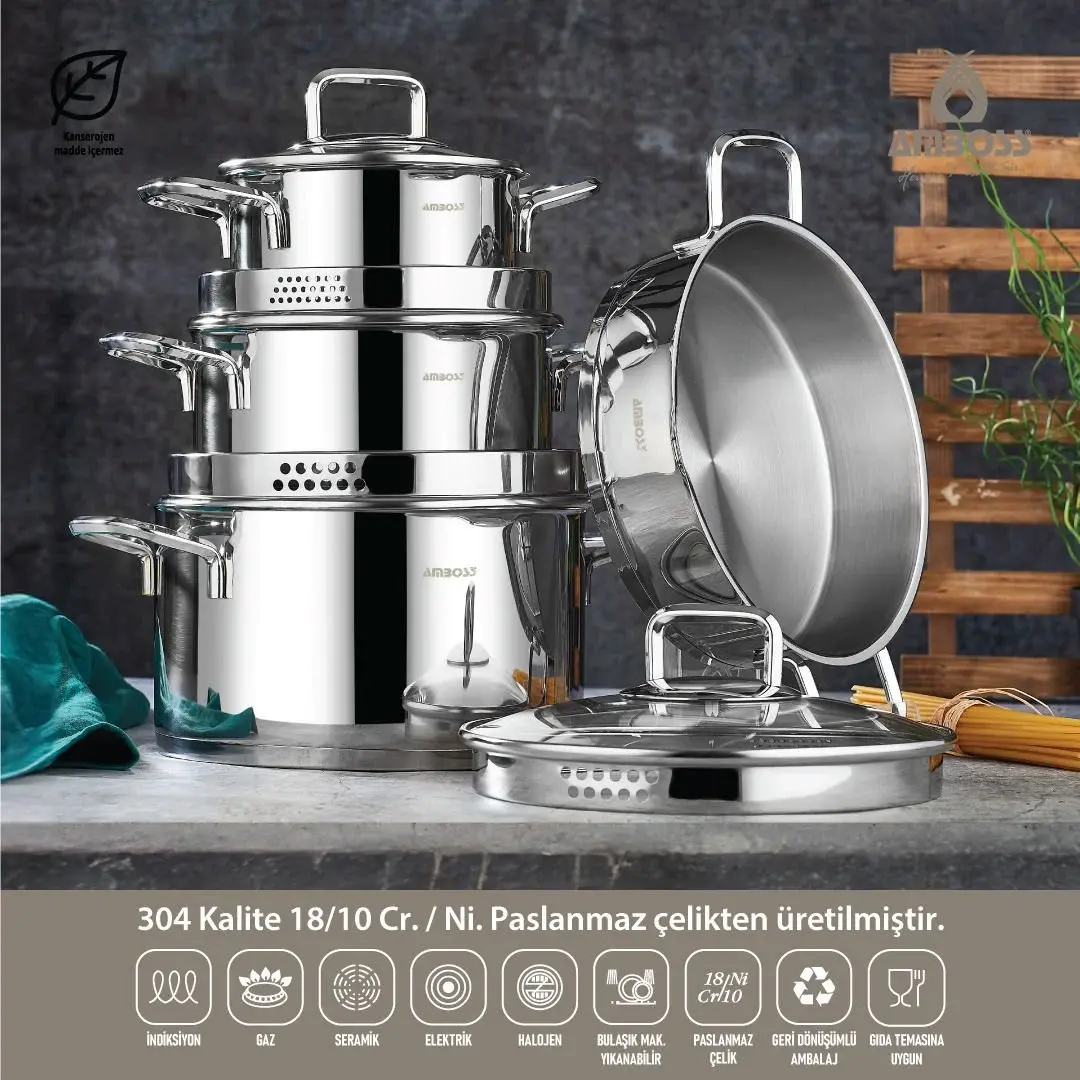 AMBOSS DIAMOND PASLANMAZ SÜZGEÇLİ ÇELİK  KULPLU  TENCERE SETİ 8 PARÇA CAM  KAPAKLI