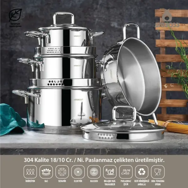 AMBOSS DIAMOND PASLANMAZ SÜZGEÇLİ ÇELİK  KULPLU  TENCERE SETİ 8 PARÇA CAM  KAPAKLI