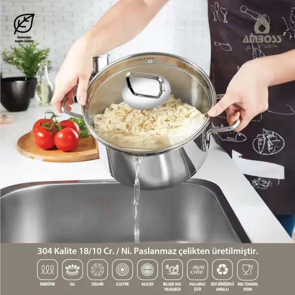 AMBOSS DIAMOND PASLANMAZ SÜZGEÇLİ ÇELİK  KULPLU  TENCERE SETİ 8 PARÇA CAM  KAPAKLI
