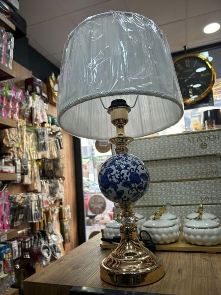 OTANTİK MAVİ DESENLİ GOLD ABAJUR